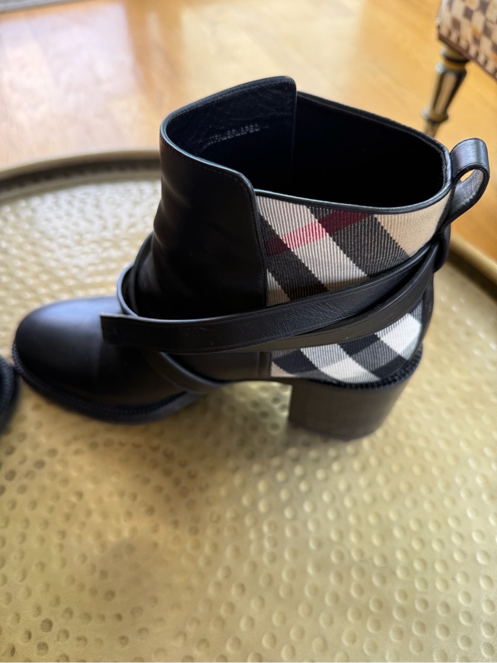 Burberry Black Leather Ankle Boots with Iconic Check Panel